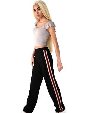 Women’s Black Track Pants with Red & Cream Side Stripes